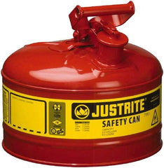 Justrite - 2.5 Gal Galvanized Steel Type I Safety Can - 11-1/2" High x 11-3/4" Diam, Red with Yellow - Benchmark Tooling