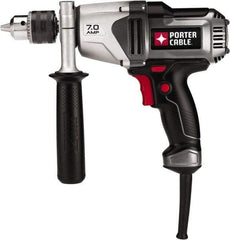 Porter-Cable - 1/2" Keyed Chuck, 800 RPM, Pistol Grip Handle Electric Drill - 7 Amps, 120 Volts, Reversible, Includes Side Handle & Chuck Key with Holder - Benchmark Tooling