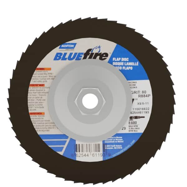 Norton - 80 Grit, 7" Disc Diam, 5/8-11 Center Hole, Type 29 Zirconia Alumina Flap Disc - 8,600 Max RPM, Cloth Backing, Arbor Attaching System, Coated - Benchmark Tooling