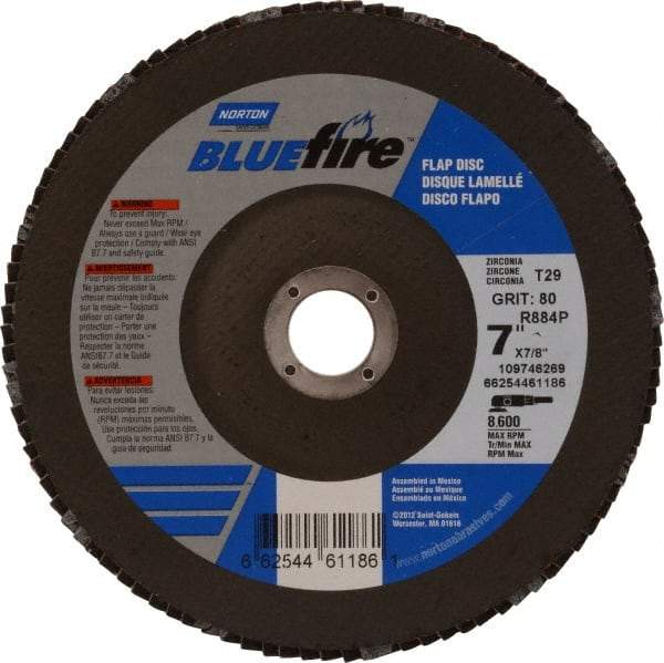 Norton - 80 Grit, 7" Disc Diam, 7/8" Center Hole, Type 29 Zirconia Alumina Flap Disc - 8,600 Max RPM, Cloth Backing, Arbor Attaching System, Coated - Benchmark Tooling