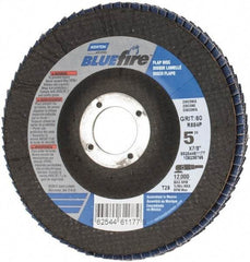 Norton - 60 Grit, 5" Disc Diam, 7/8" Center Hole, Type 29 Zirconia Alumina Flap Disc - 12,000 Max RPM, Cloth Backing, Arbor Attaching System, Coated - Benchmark Tooling