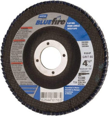 Norton - 60 Grit, 4-1/2" Disc Diam, 7/8" Center Hole, Type 29 Zirconia Alumina Flap Disc - 13,300 Max RPM, Cloth Backing, Arbor Attaching System, Coated - Benchmark Tooling
