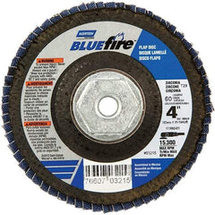 Norton - 60 Grit, 4" Disc Diam, 5/8-11 Center Hole, Type 29 Zirconia Alumina Flap Disc - 15,300 Max RPM, Cloth Backing, Arbor Attaching System, Coated - Benchmark Tooling