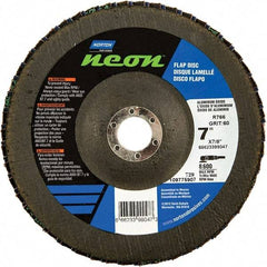 Norton - 40 Grit, 7" Disc Diam, 7/8" Center Hole, Type 29 Ceramic Alumina Flap Disc - 8,600 Max RPM, Polyester Backing, Arbor Attaching System, Coated - Benchmark Tooling