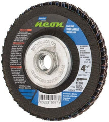 Norton - 80 Grit, 4-1/2" Disc Diam, 5/8-11 Center Hole, Type 29 Ceramic Alumina Flap Disc - 13,300 Max RPM, Polyester Backing, Arbor Attaching System, Coated - Benchmark Tooling