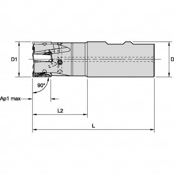 Kennametal - 1-1/4" Cut Diam, 15.5mm Max Depth of Cut, 1-1/4" Shank Diam, 115.06mm OAL, Indexable Square Shoulder End Mill - LNGU15T608SRGE Inserts, Weldon Shank, 0° Lead Angle, Through Coolant, Series MILL 4-15 - Benchmark Tooling