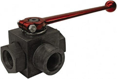 HYDAC - 3/4" Pipe, Full Port, Carbon Steel Full Port Ball Valve - Three Way, NPT Ends, Straight Handle, 6,000 WOG - Benchmark Tooling