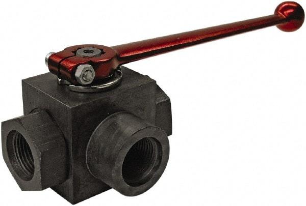 HYDAC - 1/2" Pipe, Full Port, Carbon Steel Full Port Ball Valve - Three Way, SAE Ends, Straight Handle, 6,000 WOG - Benchmark Tooling