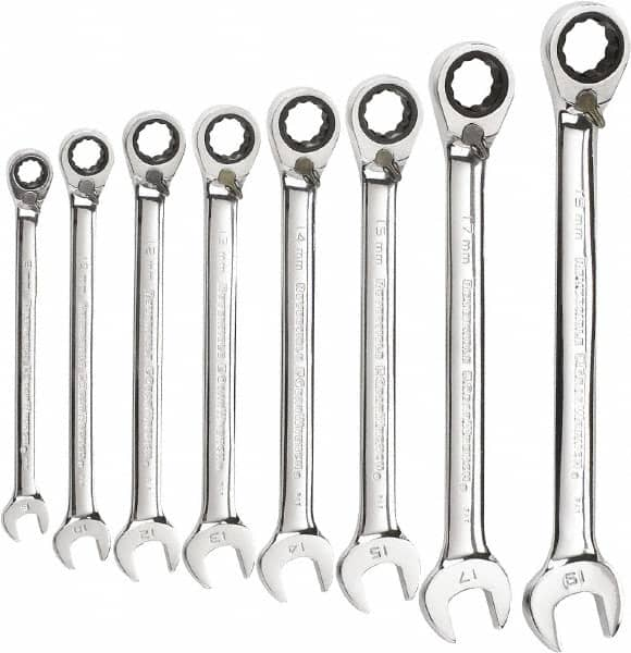 GearWrench - 8 Piece, 8mm to 19mm, 12 Point Reversible Ratcheting Combination Wrench Set - Metric Measurement Standard, Chrome Finish - Benchmark Tooling