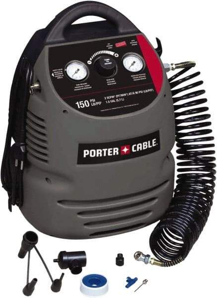 Porter-Cable - 0.8 hp, 2 CFM at 90 psi Hand Carry Compressor - 1.5 Gallon Tank, 10 Amp, 150 Max psi, 120V - Benchmark Tooling