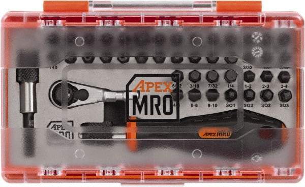 Apex - 45 Piece, 1/4" Drive Screwdriver Mini-Ratchet Bit Kit - PH1, PH2, PH3 & PH4 Phillips, 3/32 to 1/4" Hex, 2 to 6mm Hex, T15, T20, T25, T27, T30 & T40 Torx, PZ1 & PZ2 Pozidriv, SQ1, SQ2 & SQ3 Square Recess, #0 to 1/4 Slotted - Benchmark Tooling