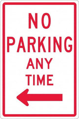 NMC - "No Parking Anytime", "Left Arrow", 12" Wide x 18" High, Aluminum No Parking & Tow Away Signs - 0.063" Thick, Red on White, Rectangle, Post Mount - Benchmark Tooling