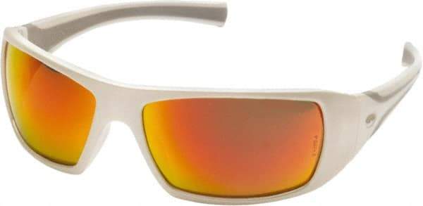 PYRAMEX - Sky Red Mirror Lenses, Framed Safety Glasses - Scratch Resistant, White Polycarbonate/Thermoplastic Rubber Frame, Size Universal, Wrap Around - Benchmark Tooling