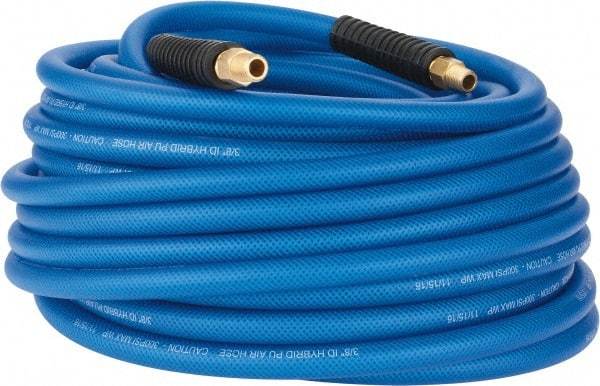 PRO-SOURCE - 3/8" ID x 0.6102" OD 100' Long Multipurpose Air Hose - MNPT(Swivel) x MNPT(Swivel) Ends, 300 Working psi, -40 to 176°F, 1/4" Fitting, Transparent Blue - Benchmark Tooling