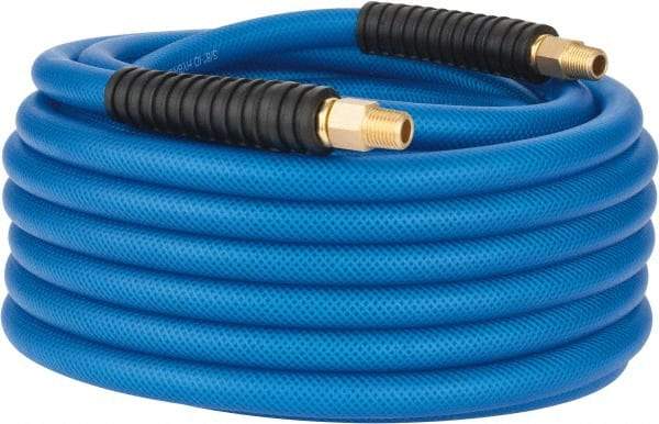 PRO-SOURCE - 3/8" ID x 0.6102" OD 50' Long Multipurpose Air Hose - MNPT(Swivel) x MNPT(Swivel) Ends, 300 Working psi, -40 to 176°F, 1/4" Fitting, Transparent Blue - Benchmark Tooling