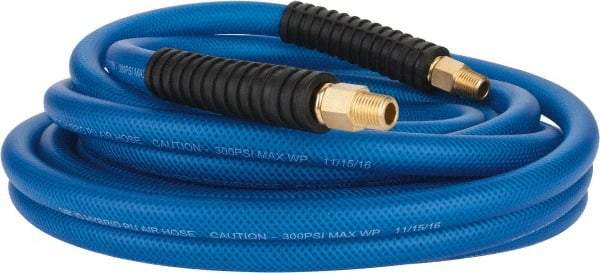 PRO-SOURCE - 3/8" ID x 0.6102" OD 25' Long Multipurpose Air Hose - MNPT(Swivel) x MNPT(Swivel) Ends, 300 Working psi, -40 to 176°F, 1/4" Fitting, Transparent Blue - Benchmark Tooling