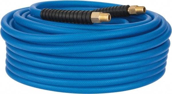 PRO-SOURCE - 1/4" ID x 0.4331" OD 100' Long Multipurpose Air Hose - MNPT(Swivel) x MNPT(Swivel) Ends, 300 Working psi, -40 to 176°F, 1/4" Fitting, Transparent Blue - Benchmark Tooling