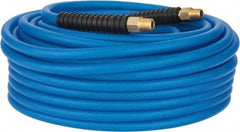 PRO-SOURCE - 1/4" ID x 0.4331" OD 100' Long Multipurpose Air Hose - MNPT(Swivel) x MNPT(Swivel) Ends, 300 Working psi, -40 to 176°F, 1/4" Fitting, Transparent Blue - Benchmark Tooling