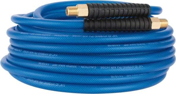 PRO-SOURCE - 1/4" ID x 0.4331" OD 50' Long Multipurpose Air Hose - MNPT(Swivel) x MNPT(Swivel) Ends, 300 Working psi, -40 to 176°F, 1/4" Fitting, Transparent Blue - Benchmark Tooling