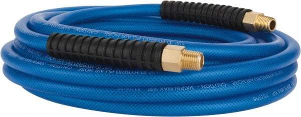 PRO-SOURCE - 1/4" ID x 0.4331" OD 25' Long Multipurpose Air Hose - MNPT(Swivel) x MNPT(Swivel) Ends, 300 Working psi, -40 to 176°F, 1/4" Fitting, Transparent Blue - Benchmark Tooling