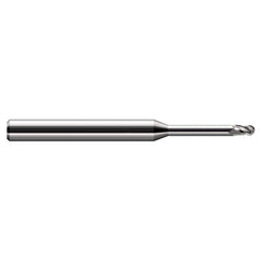 Ball End Mill: 0.01″ Dia, 0.015″ LOC, 3 Flute, Solid Carbide 2-1/2″ OAL, 1/8″ Shank Dia, 30 ° Helix, Uncoated, Single End