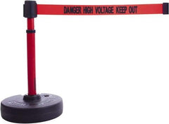 Banner Stakes - 22 to 42" High, 2-3/8" Pole Diam, Barrier Post Base & Stanchion - 9" Base Diam, Round Nylon Base, Red Plastic Post, 15' x 2-1/2" Tape, For Outdoor Use - Benchmark Tooling