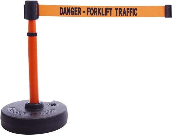 Banner Stakes - 22 to 42" High, 2-3/8" Pole Diam, Barrier Post Base & Stanchion - 9" Base Diam, Round Nylon Base, Orange Plastic Post, 15' x 2-1/2" Tape, For Outdoor Use - Benchmark Tooling