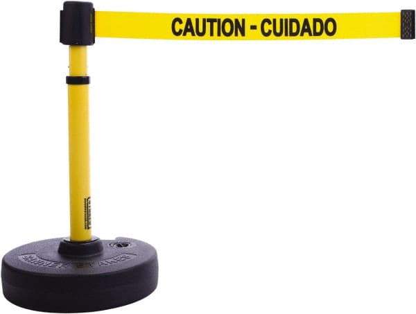 Banner Stakes - 22 to 42" High, 2-3/8" Pole Diam, Barrier Post Base & Stanchion - 9" Base Diam, Round Nylon Base, Yellow Plastic Post, 15' x 2-1/2" Tape, For Outdoor Use - Benchmark Tooling