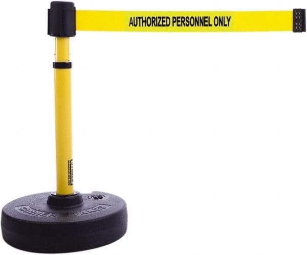 Banner Stakes - 22 to 42" High, 2-3/8" Pole Diam, Barrier Post Base & Stanchion - 9" Base Diam, Round Nylon Base, Yellow Plastic Post, 15' x 2-1/2" Tape, For Outdoor Use - Benchmark Tooling