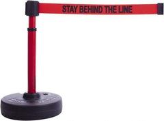 Banner Stakes - 22 to 42" High, 2-3/8" Pole Diam, Barrier Post Base & Stanchion - 9" Base Diam, Round Nylon Base, Red Plastic Post, 15' x 2-1/2" Tape, For Outdoor Use - Benchmark Tooling