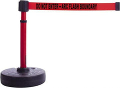 Banner Stakes - 22 to 42" High, 2-3/8" Pole Diam, Barrier Post Base & Stanchion - 9" Base Diam, Round Nylon Base, Red Plastic Post, 15' x 2-1/2" Tape, For Outdoor Use - Benchmark Tooling