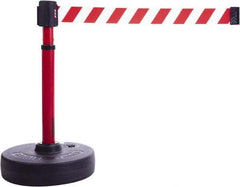 Banner Stakes - 22 to 42" High, 2-3/8" Pole Diam, Barrier Post Base & Stanchion - 9" Base Diam, Round Nylon Base, Red Plastic Post, 15' x 2-1/2" Tape, For Outdoor Use - Benchmark Tooling