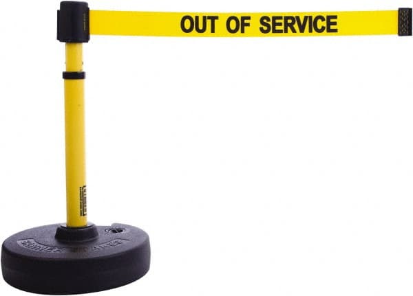 Banner Stakes - 22 to 42" High, 2-3/8" Pole Diam, Barrier Post Base & Stanchion - 9" Base Diam, Round Nylon Base, Yellow Plastic Post, 15' x 2-1/2" Tape, For Outdoor Use - Benchmark Tooling