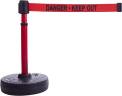 Banner Stakes - 22 to 42" High, 2-3/8" Pole Diam, Barrier Post Base & Stanchion - 9" Base Diam, Round Nylon Base, Red Plastic Post, 15' x 2-1/2" Tape, For Outdoor Use - Benchmark Tooling