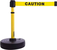 Banner Stakes - 22 to 42" High, 2-3/8" Pole Diam, Barrier Post Base & Stanchion - 9" Base Diam, Round Nylon Base, Yellow Plastic Post, 15' x 2-1/2" Tape, For Outdoor Use - Benchmark Tooling