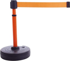 Banner Stakes - 22 to 42" High, 2-3/8" Pole Diam, Barrier Post Base & Stanchion - 9" Base Diam, Round Nylon Base, Orange Plastic Post, 15' x 2-1/2" Tape, For Outdoor Use - Benchmark Tooling