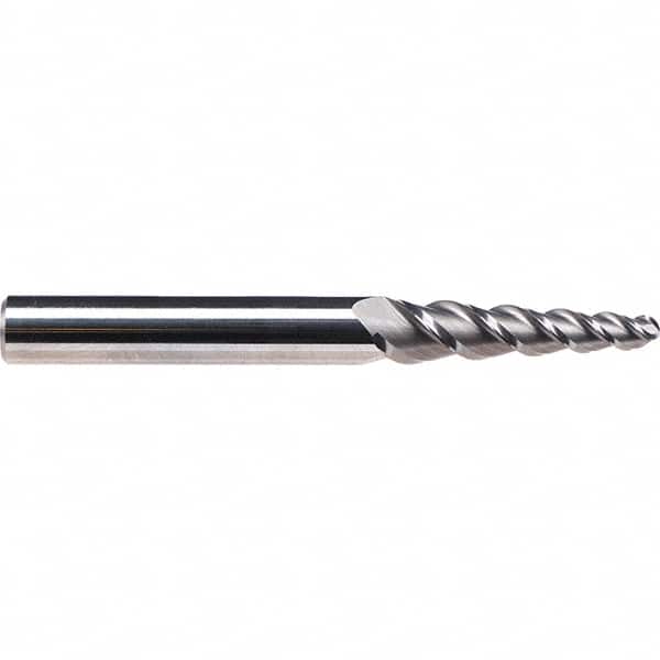 Emuge - 3° Taper Angle per Side, 4.9mm Small End Diam, 21mm LOC, Solid Carbide 3 Flute Tapered Ball End Mill - 66mm OAL, 6mm Shank Diam, Spiral Flute, 45° Helix - Benchmark Tooling