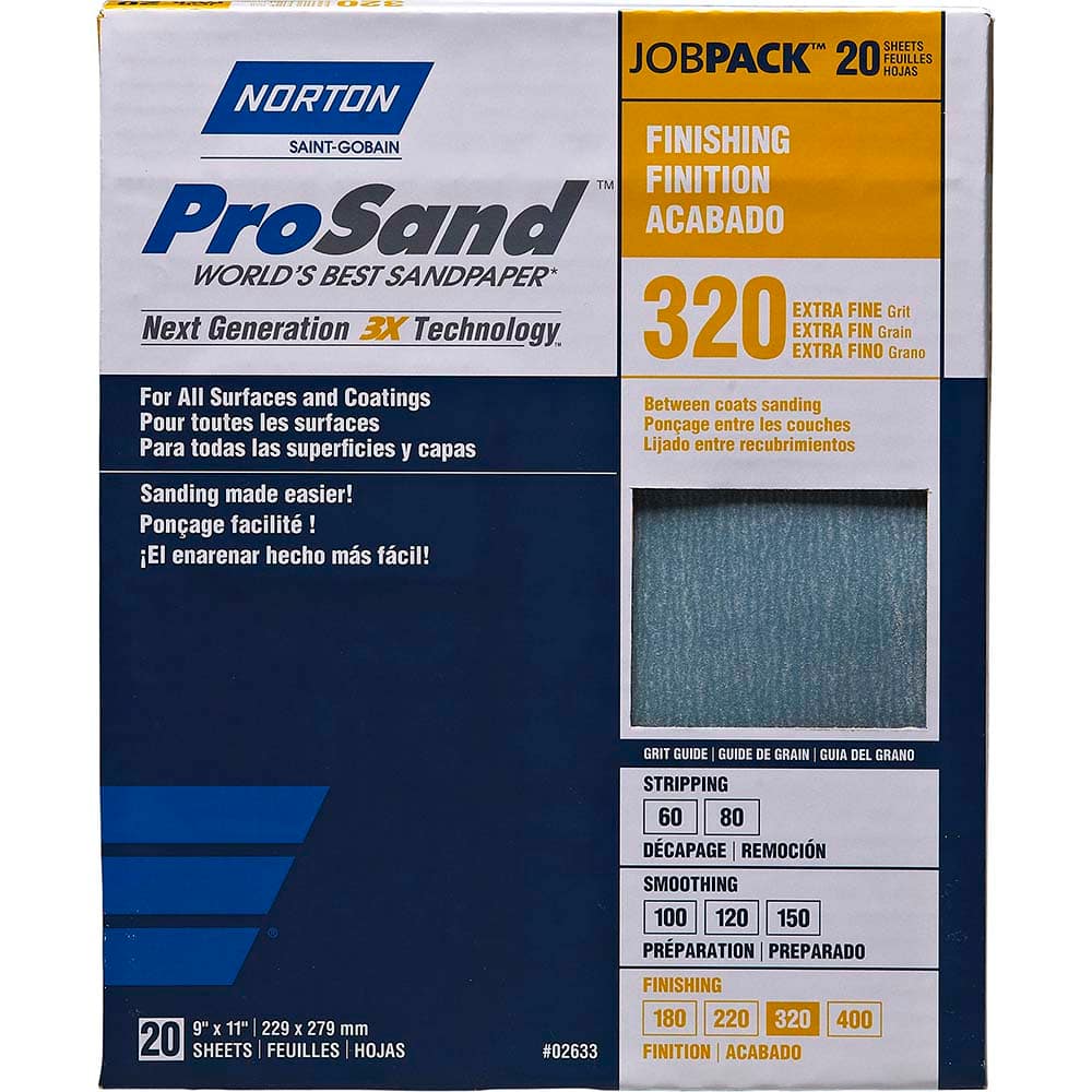 Sanding Sheet: 320 Grit, Aluminum Oxide, Coated Extra Fine Grade, B/C-Weighted, Paper Backing, Series A259