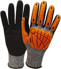 Wells Lamont - Size S (7), ANSI Cut Lvl 5, Nitrile Coated HPPE Fiber/Stainless Steel Cut Resistant Gloves - Palm & Fingertips Coated, Hi-Vis Orange/Black, Paired - Benchmark Tooling