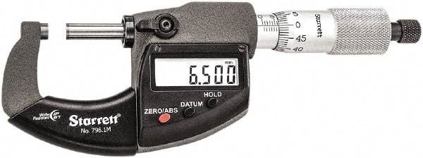 Starrett - Standard Throat IP67 Electronic Outside Micrometer - Ratchet Stop Thimble, Carbide Face, CR2032 Battery - Benchmark Tooling