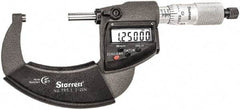 Starrett - 1 to 2" Range, Standard Throat IP67 Electronic Outside Micrometer - Ratchet Stop Thimble, Carbide Face, CR2032 Battery - Benchmark Tooling