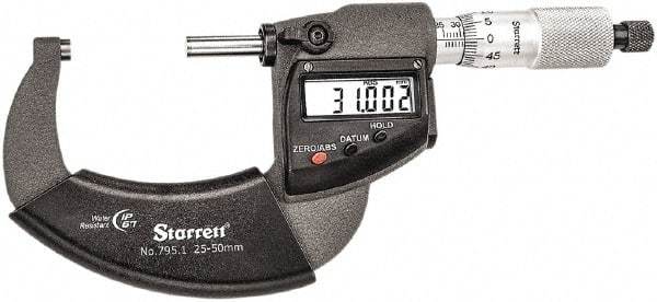 Starrett - Standard Throat IP67 Electronic Outside Micrometer - Ratchet Stop Thimble, Carbide Face, CR2032 Battery - Benchmark Tooling