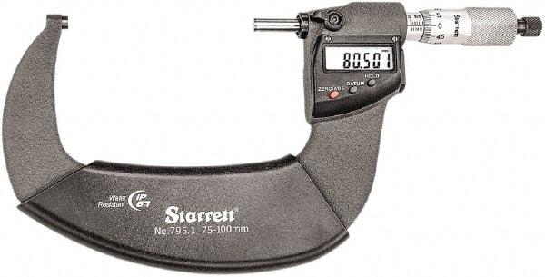 Starrett - Standard Throat IP67 Electronic Outside Micrometer - Ratchet Stop Thimble, Carbide Face, CR2032 Battery - Benchmark Tooling