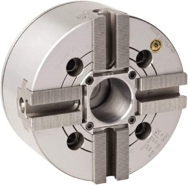 Bison - 4 Jaw, 6.65" Chuck Diam, Plain Back Mount, 45mm Through Hole Diam, Drawtube Hydraulic Power Lathe Chuck - 1.5mm x 60° Serrated Jaw Interface, 0.5905 to 6.7716" Jaw Capacity, 5,000 RPM, High Speed Steel Body - Benchmark Tooling