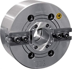 Bison - 2 Jaw, 12.4" Chuck Diam, Plain Back Mount, 91mm Through Hole Diam, Drawtube Hydraulic Power Lathe Chuck - 1.5mm x 60° Serrated Jaw Interface, 1.5748 to 11.9291" Jaw Capacity, 3,300 RPM, High Speed Steel Body - Benchmark Tooling