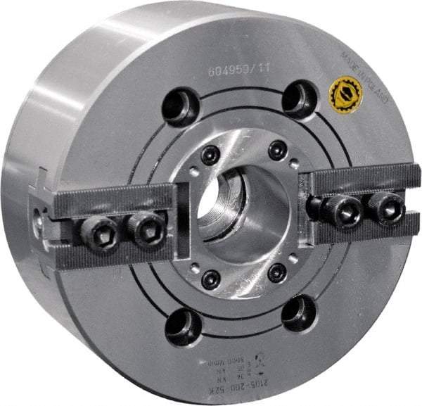 Bison - 2 Jaw, 10" Chuck Diam, Plain Back Mount, 75mm Through Hole Diam, Drawtube Hydraulic Power Lathe Chuck - 1.5mm x 60° Serrated Jaw Interface, 0.8661 to 9.8031" Jaw Capacity, 4,200 RPM, High Speed Steel Body - Benchmark Tooling