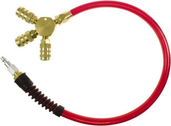 PRO-SOURCE - 3/8" ID 2' Long Lead-In Whip Hose - Manifold with (3) 6-Ball Automotive Couplers Ends, 200 Working psi, 165°, 1/4" Fitting, Transparent Red - Benchmark Tooling