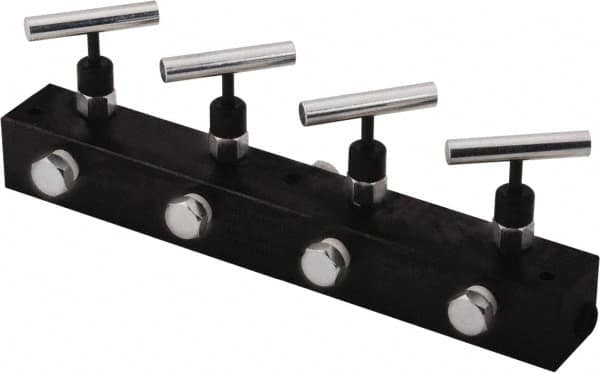 Value Collection - 3/8" Inlet, 3/8" Outlet Manifold with Four Needle Valves - 12" Long x 1.62" Wide x 4.13" High, 0.28" Mount Hole, 212°F Max, 10,000 Max PSI, 4 Inlet Ports, 4 Outlet Ports - Benchmark Tooling