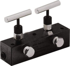 Value Collection - 3/8" Inlet, 3/8" Outlet Manifold with Two Needle Valves - 6" Long x 1-5/8" Wide x 4.13" High, 0.28" Mount Hole, 212°F Max, 10,000 Max PSI, 2 Inlet Ports, 2 Outlet Ports - Benchmark Tooling