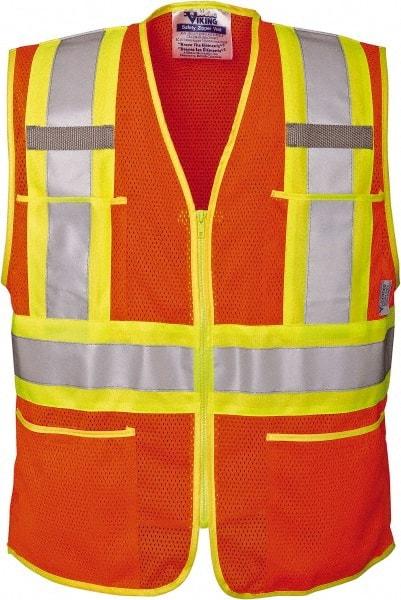 Viking - Size 2XL High Visibility Orange Mesh Public Safety Vest - 51" Chest, ANSI 107-2010 Class 2, Level 2, Zipper Closure, 4 Pockets, Polyester - Benchmark Tooling